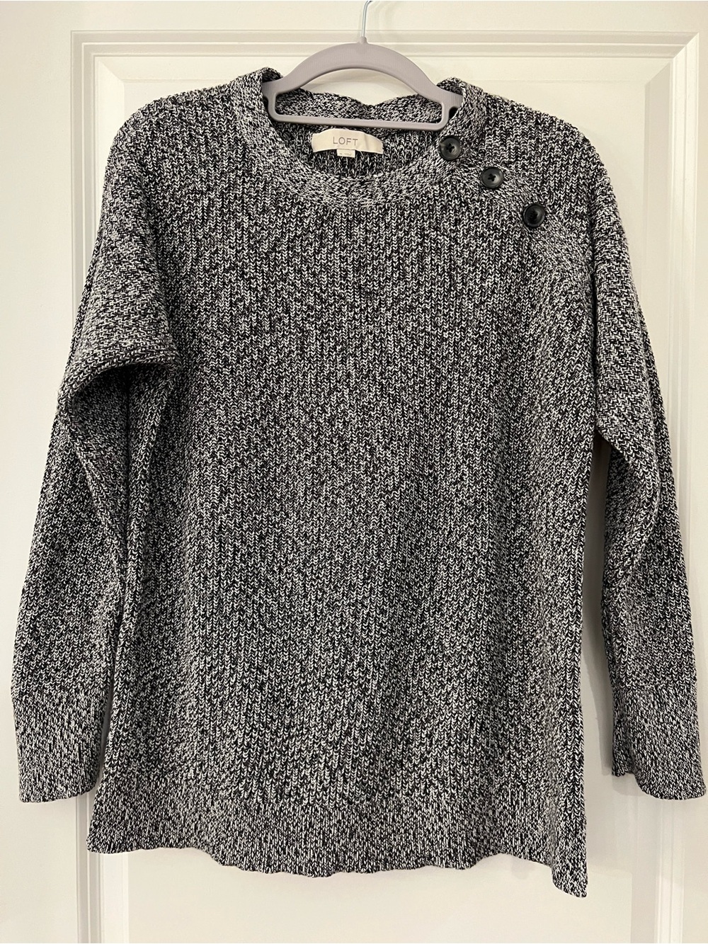 LOFT Marled Black & White Button-Shoulder Crewneck Sweater - Like New